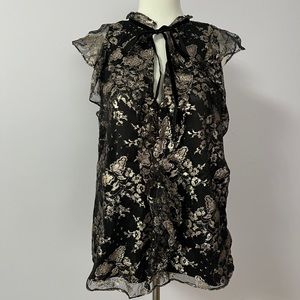 Parker tie nick flutter sleeve black and gold blouse